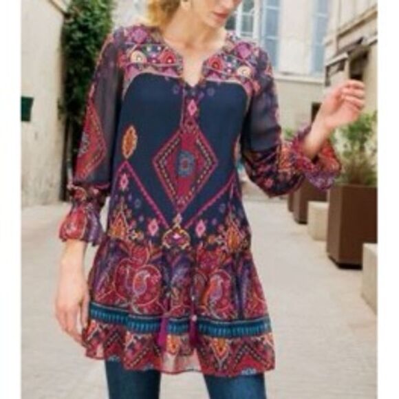 Soft Surroundings Iskra Blue Embroidered Tunic Blouse Boho Top Tassel Size S - Picture 1 of 7